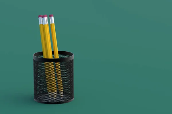Bleistifthalter Aus Metall Auf Grünem Hintergrund Gittertopf Vorhanden Kopierraum Darstellung — Stockfoto