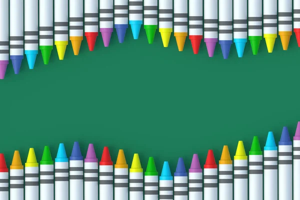 Rows of wax crayons on green background. Colorful pencils. Back to school concept. Preschool education. Top view. Copy space. 3d render