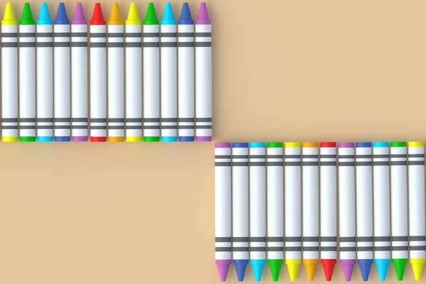 Rows of wax crayons on beige background. Colorful pencils. Back to school concept. Preschool education. Top view. Copy space. 3d render