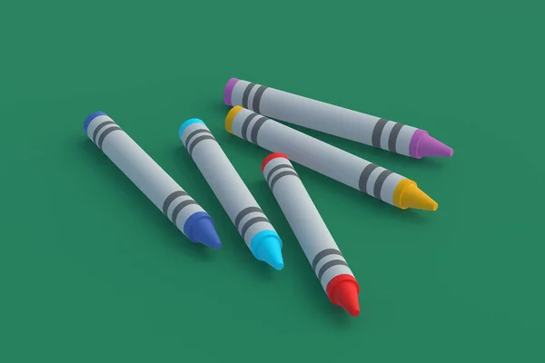 Crayons Cera Espalhados Fundo Verde Renderização — Fotografia de Stock