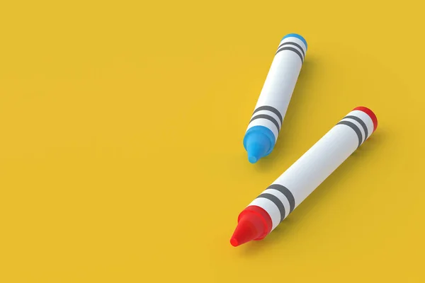 Sarı Arka Planda Iki Mum Boya Kalemi Renkli Kalemler Okul — Stok fotoğraf