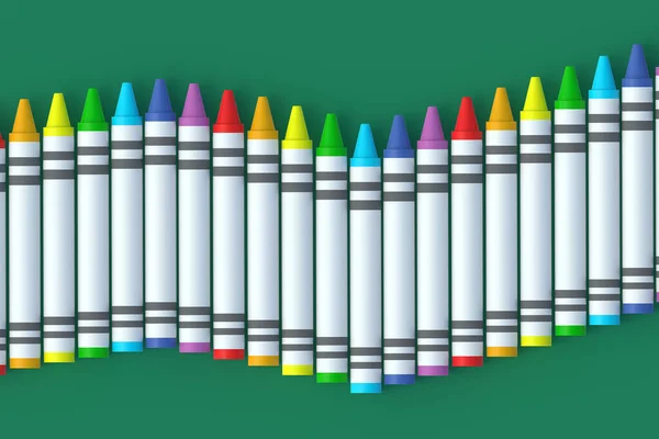 Row of wax crayons on green background. Colorful pencils. Back to school concept. Preschool education. 3d render
