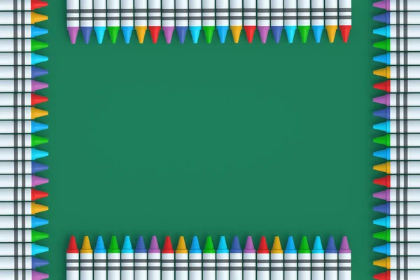 Frame Made Many Wax Crayons Green Background Colorful Pencils Back — Stock Photo, Image