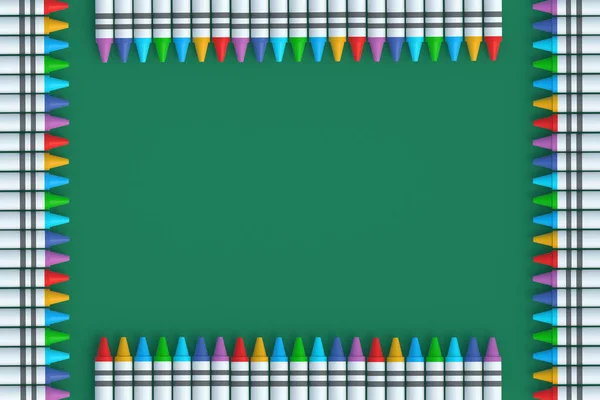 Frame made of many wax crayons on green background. Colorful pencils. Back to school concept. Preschool education. Top view. Copy space. 3d render
