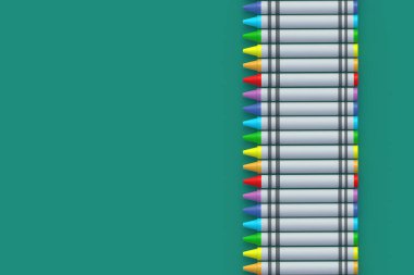 Balmumu boya kalemleri. Renkli kalemler. Okul konseptine geri dönelim. Anaokulu eğitimi. Üst Manzara. Uzayı kopyala 3d hazırlayıcı