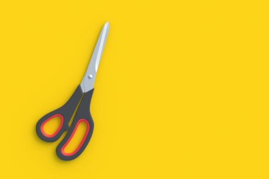 Sarı arka planda makas. Berber ekipmanları. Kırtasiye malzemeleri. Anaokulu eğitimi. Uzayı kopyala Üst Manzara. 3d hazırlayıcı