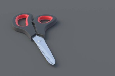 Gri arka planda makas. Berber ekipmanları. Kırtasiye malzemeleri. Anaokulu eğitimi. Uzayı kopyala 3d hazırlayıcı