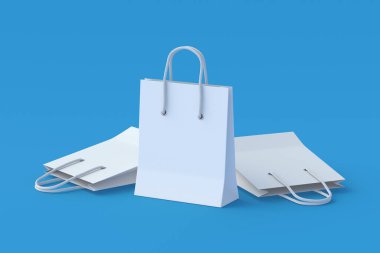 Üç beyaz kağıt alışveriş torbası. Ürün indirimi. Büyük indirim. 3d illüstrasyon