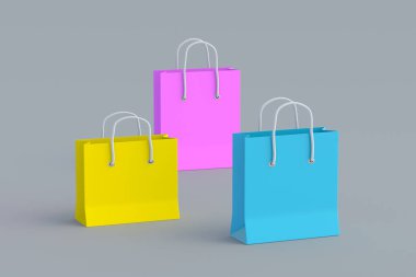 Boş renkli kağıt alışveriş torbaları. Ürün indirimi. Büyük indirim. 3d hazırlayıcı