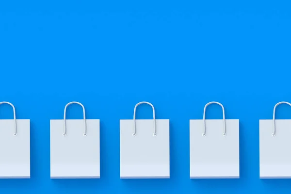 Row of paper shopping bags. Product discounts. Big sale. Top view. Copy space. 3d render
