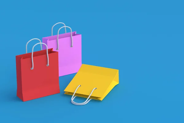 Paper shopping bags. Product discounts. Big sale. Copy space. 3d render