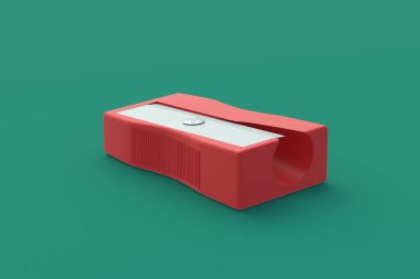 Yeşil arka planda kalem açacağı. Kırtasiye malzemeleri. Okul için alet. 3d hazırlayıcı