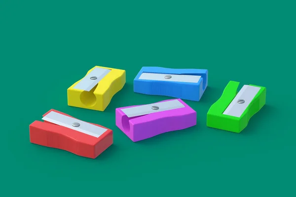 Scattered Pencil Sharpeners Green Background Stationery Accessories Tool School Render — Stockfoto