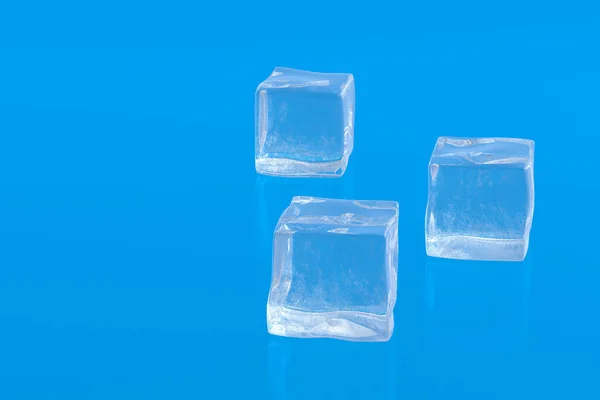 Square ice cubes on blue background. Cold beverages. Refreshing drinks ingredients. Copy space. 3d render