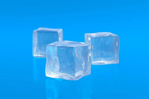 Square ice cubes on blue background. Cold beverages. Refreshing drinks ingredients. 3d render