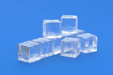 Lot of ice cubes on blue background. Cold beverages. Refreshing drinks ingredients. 3d render