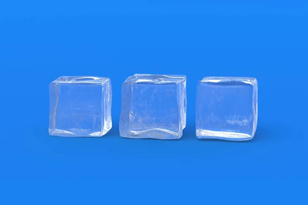 Row Three Ice Cubes Blue Background Cold Beverages Refreshing Drinks — Fotografia de Stock