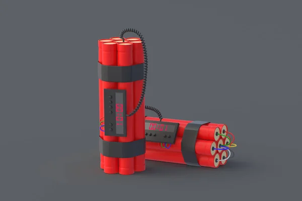 Two dynamite bombs with digital timer. Countdown and deadline. 3d rendering
