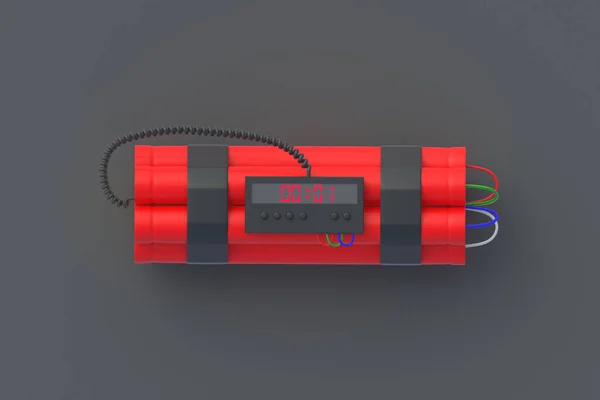 Dynamite bomb with digital timer on black background. Countdown and deadline. Top view. 3d rendering