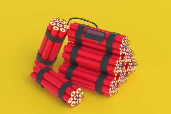 Stack Dynamite Bombs Digital Timer Yellow Background Countdown Deadline Rendering — Foto Stock
