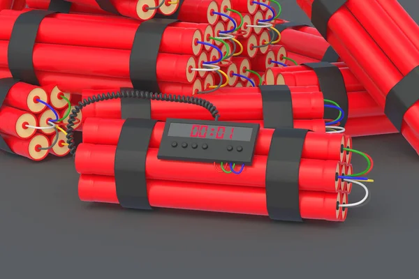 Scattered dynamite bombs with digital timer. Countdown and deadline. 3d rendering