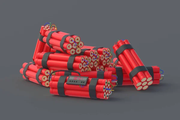 Many dynamite bombs with digital timer on black background. 3d rendering