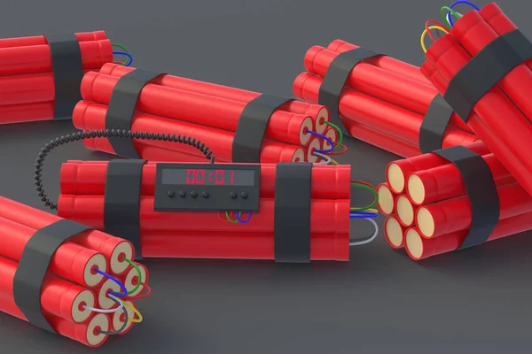 Strewn dynamite bombs with digital timer. 3d rendering