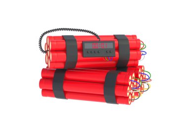 Beyaz arka planda izole edilmiş dijital zamanlayıcı yüklü dinamit yığını. 3d oluşturma