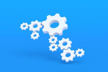 Set of gears on blue background. Engineering technology. Mechanism development. Industrial progress. Idea concept. Business cooperation. Teamwork and communication. 3d render