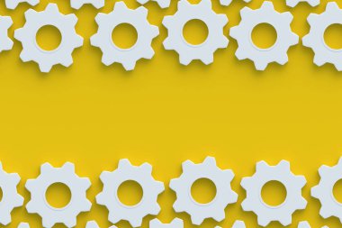Rows of gears on yellow background. Engineering technology. Mechanism development. Industrial progress. Idea concept. Business cooperation. Teamwork and communication. Top view. Copy space. 3d render