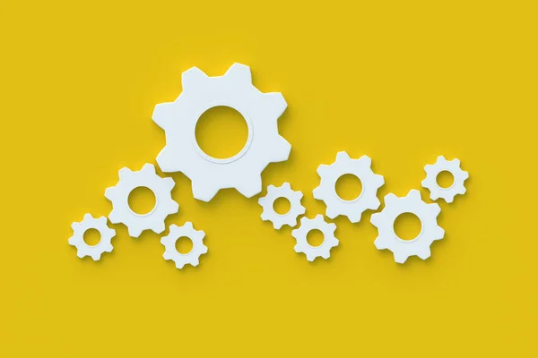 Lot Gears Yellow Background Engineering Technology Mechanism Development Industrial Progress — Stockfoto