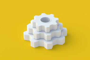 Stack of gears on yellow background. Engineering technology. Mechanism development. Industrial progress. Idea concept. Business cooperation. Teamwork and communication. 3d render