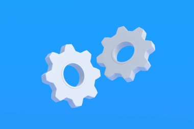 Mavi arka planda uçan dişliler. Mühendislik teknolojisi. Mekanizma gelişimi. Endüstriyel gelişme. Fikir konsepti. İş birliği. Takım çalışması ve iletişim. 3d hazırlayıcı