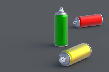 Dağınık metal sprey boya kutuları. Saç spreyi ya da jöle. Dezenfektan spreyi. Yenileme ekipmanları. Havagazı kutusunda gaz var. Sokak sanatı için bir araç. Uzayı kopyala 3d hazırlayıcı