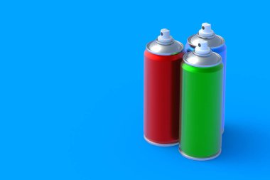 Üç metal sprey boya kutusu. Saç spreyi ya da jöle. Dezenfektan spreyi. Yenileme ekipmanları. Havagazı kutusunda gaz var. Sokak sanatı için bir araç. Uzayı kopyala 3d illüstrasyon