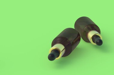 Yeşil arka planda pipeti olan kozmetik şişeler. Uzayı kopyala 3d hazırlayıcı