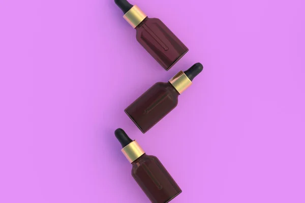 Cosmetic Bottles Pipette Pink Background Top View Render — 스톡 사진