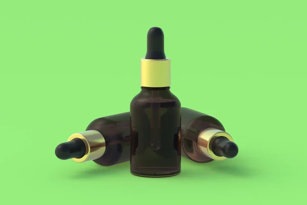 Skincare Serum Dropper Bottles Green Background Render — Stock Photo, Image
