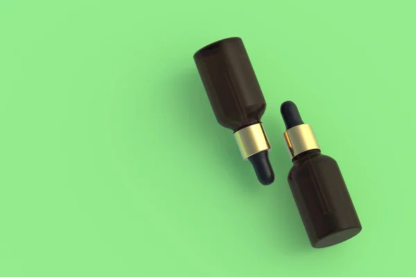Cosmetic Bottles Pipette Green Background Top View Copy Space Render — 图库照片