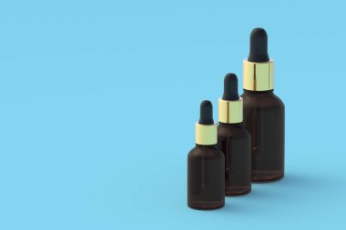 Mavi arka planda gerekli yağlı sıra sıra şişeler. Uzayı kopyala 3d hazırlayıcı