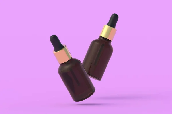 Flying Cosmetic Bottles Pipette Pink Background Render — 스톡 사진