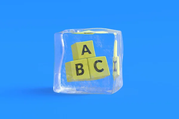 Toy blocks with letter abc in ice cube. 3d illustration