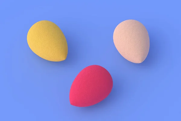 Mavi Arka Planda Yumurta Süngeri Kozmetik Aksesuarlar Güzellik Moda Makyaj — Stok fotoğraf