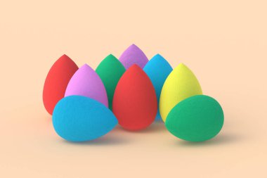 Bej arka planda yumurta süngeri. Kozmetik aksesuarlar. Güzellik ve moda. Makyaj aletleri. 3d hazırlayıcı