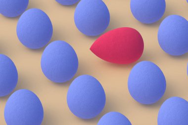 Bej arka planda bir sürü yumurta süngeri var. Kozmetik aksesuarlar. Güzellik ve moda. Makyaj aletleri. 3d hazırlayıcı