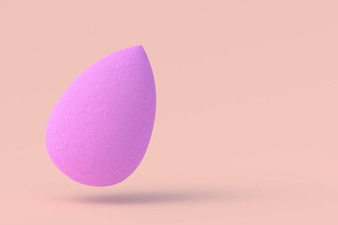 Bej arka planda uçan yumurta süngeri. Kozmetik aksesuarlar. Güzellik ve moda. Makyaj aletleri. Uzayı kopyala 3d hazırlayıcı