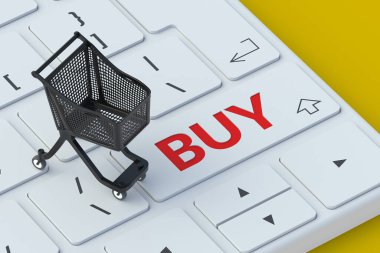 Computer keyboard with word buy near market cart. Online shopping. E-commerce concept. Quick order. Simple purchase. 3d rendering