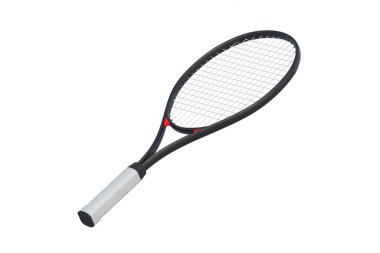 Beyaz arka planda izole edilmiş bir tenis raketi. Spor malzemeleri. 3d hazırlayıcı