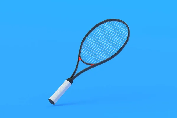 青い背景にテニスラケットを上げます スポーツ用具 国際大会 余暇のためのゲーム 趣味が好き 3Dレンダリング — ストック写真