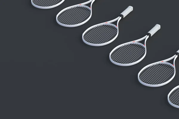 Reihe Moderner Weißer Tennisschläger Auf Schwarzem Hintergrund Sportgeräte Länderspiel Spiel — Stockfoto